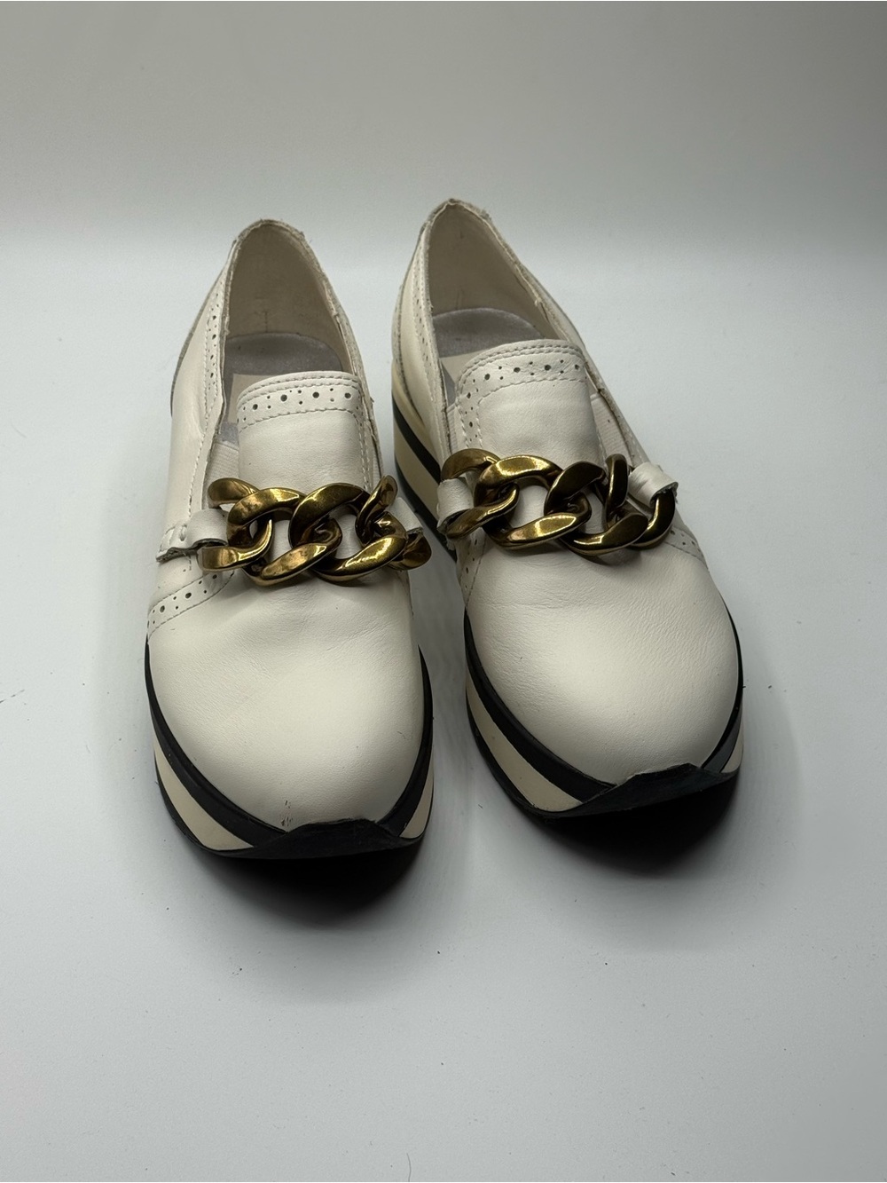 Dolce Vita Cream Loafers with Gold Chain Accent